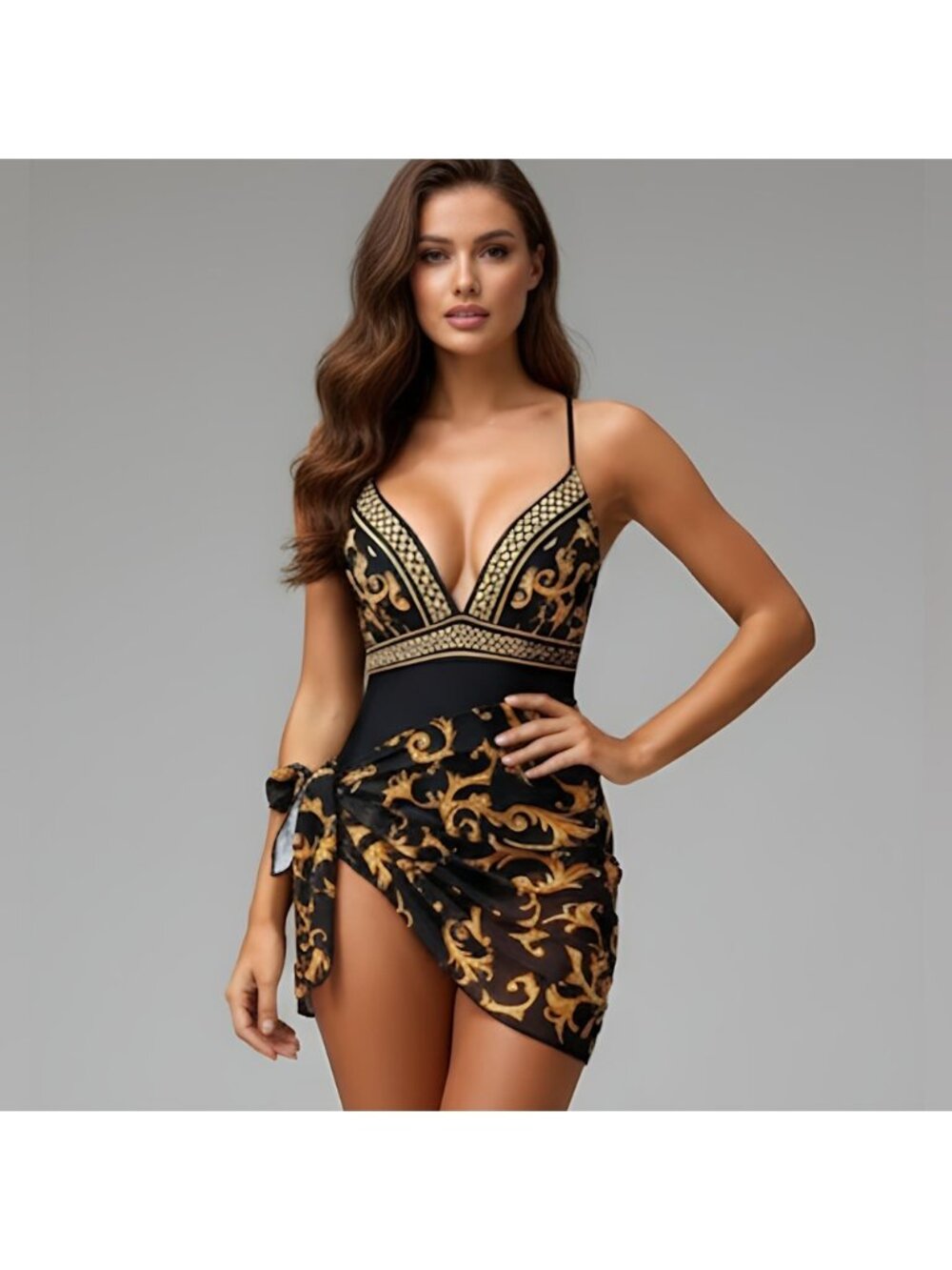 One-Piece Swimsuit Bathing Suit With Wrap Gold/Black